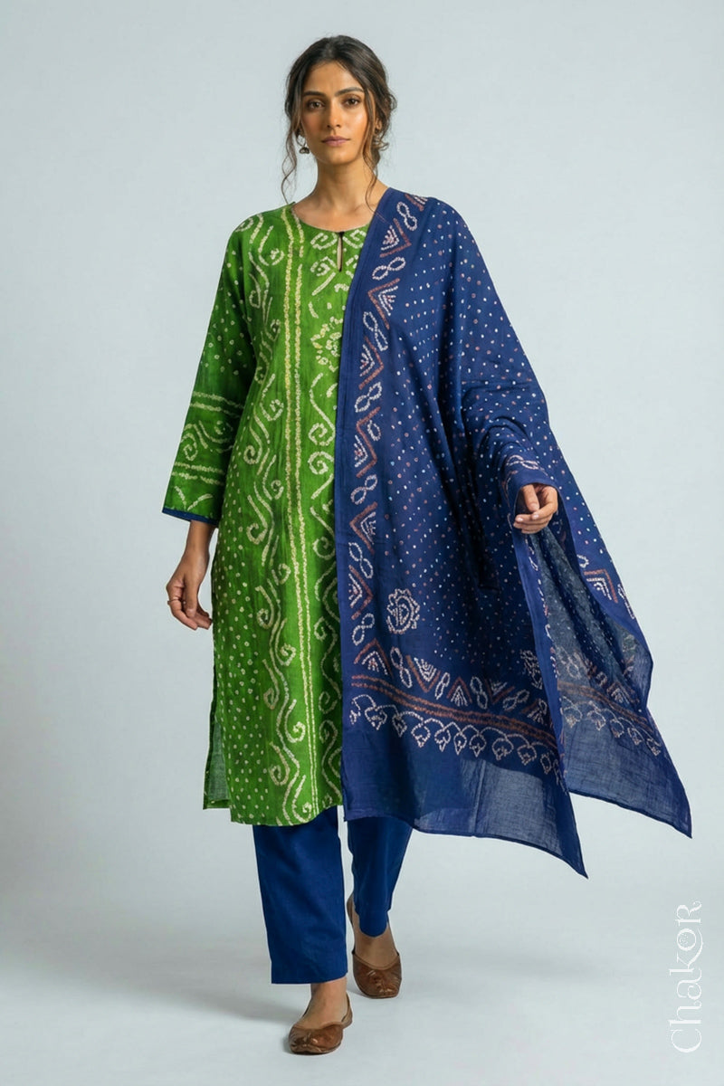 Model wearing Green Bandhani Cotton Tunic and Blue Pant with Dupatta, Handcrafted in Kutch with traditional design and hand embroidery.