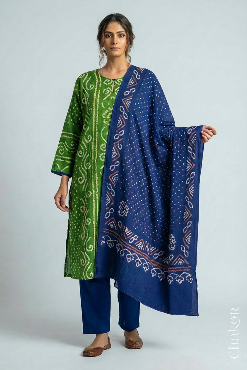 Model wearing Green Bandhani Cotton Tunic and Blue Pant with Dupatta, Handcrafted in Kutch with traditional design and hand embroidery.