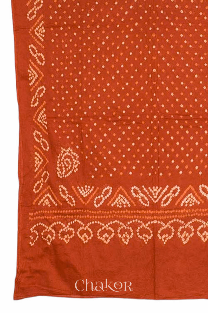 Dupatta detail of Indigo Blue Bandhani Cotton Tunic with Rust Pant with Dupatta, Handcrafted in Kutch with traditional tie-dye design and hand embroidery.