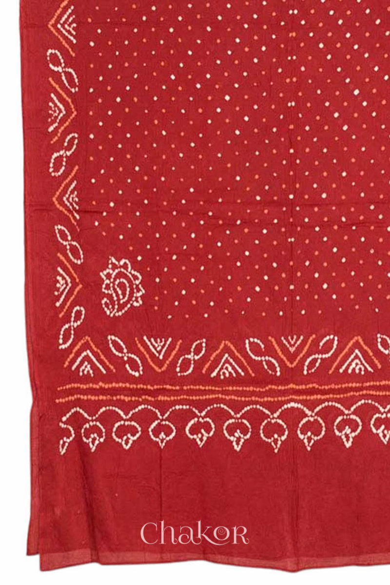 Dupatta detail of Purple Bandhani Cotton Tunic with Red Pant with Dupatta, Handcrafted in Kutch with traditional design and hand embroidery.