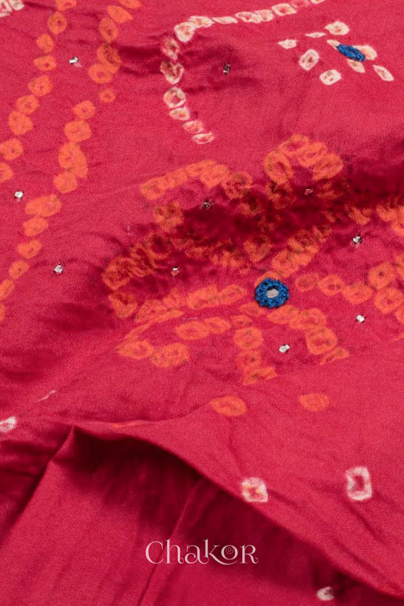 Close up of Pink Bandhani Cotton Tunic and Indigo Blue Pant with Dupatta, Handcrafted in Kutch with traditional design and hand embroidery.