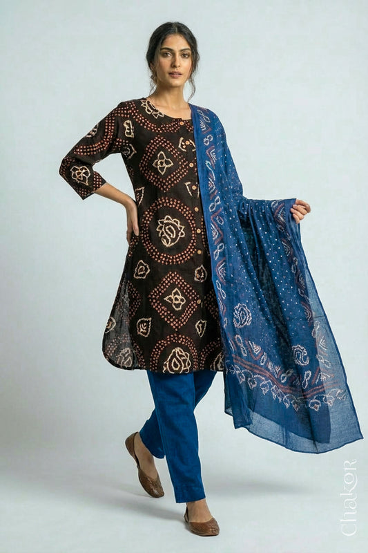 Woman wearing a handcrafted Black Indigo Kurta Set and a matching dupatta.