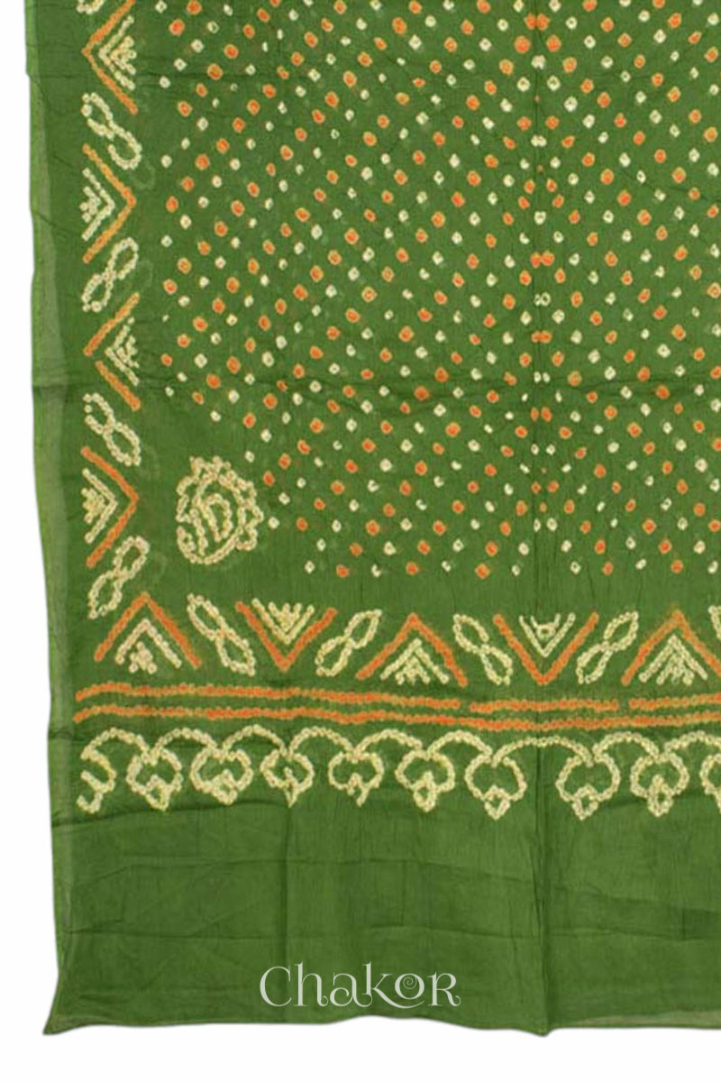 Dupatta detail from handcrafted Purple and green Kurta Set and a matching dupatta with traditional bandhani tie-dye patterns.