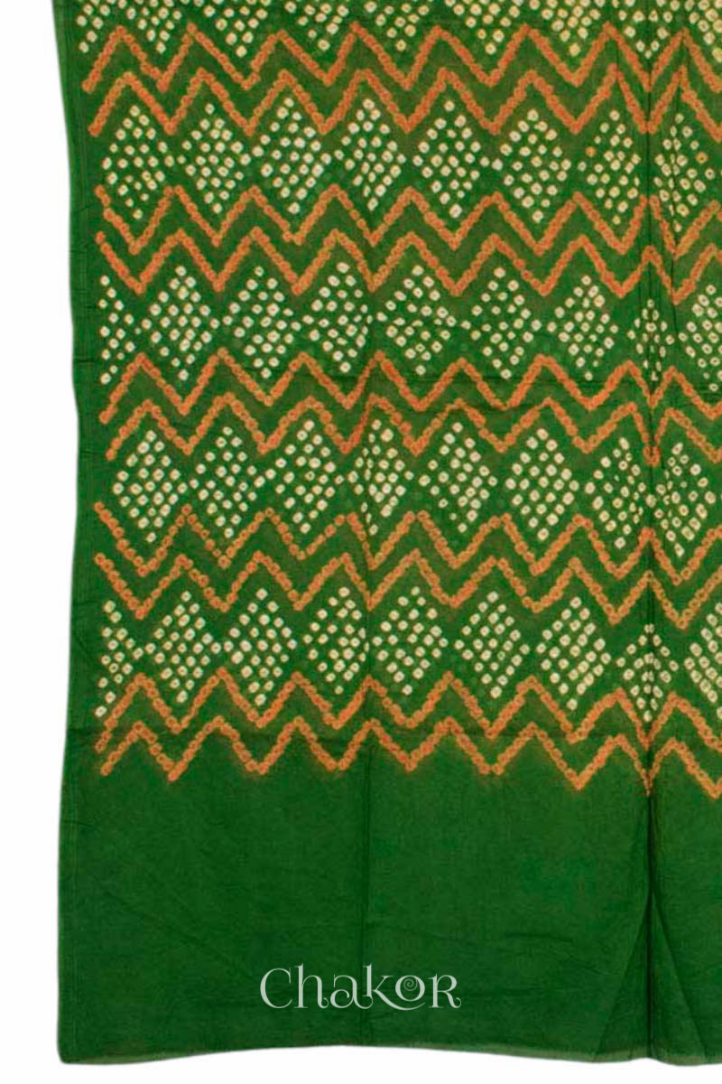 Dupatta detail view of Handcrafted Purple Mehendi Bandhani Cotton Kurta Set with kutch hand embroidery and paired with laher pattern Dupatta. 