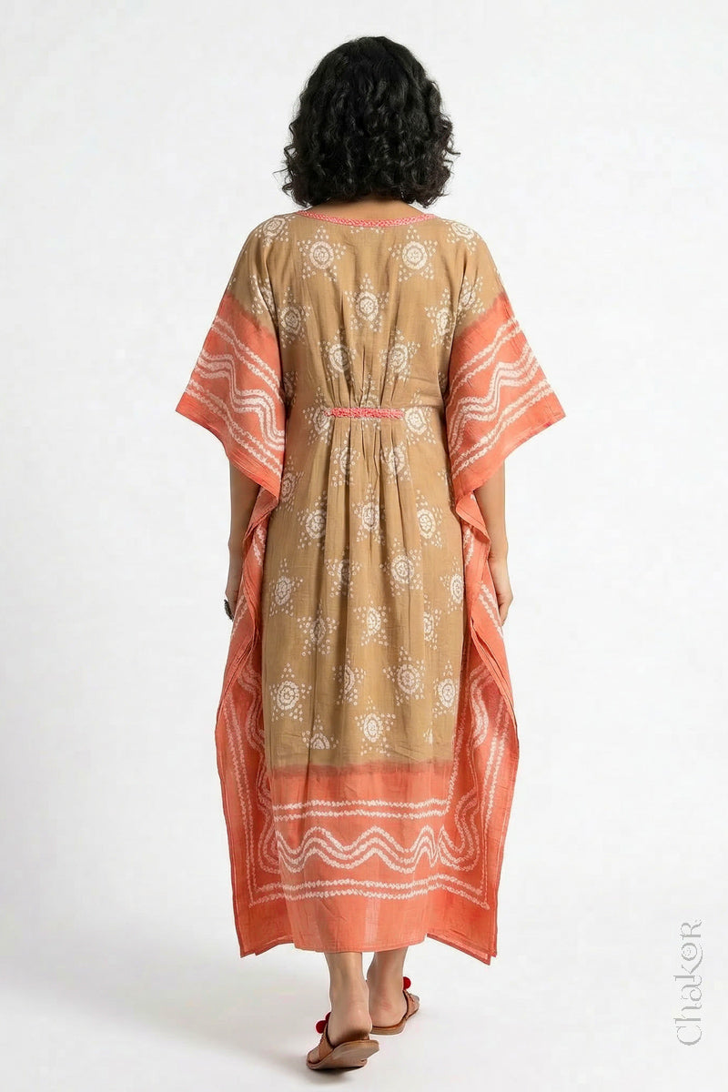 Mulmul cotton bandhani kaftan dress back view with contrast border, loose fit summer wear.
