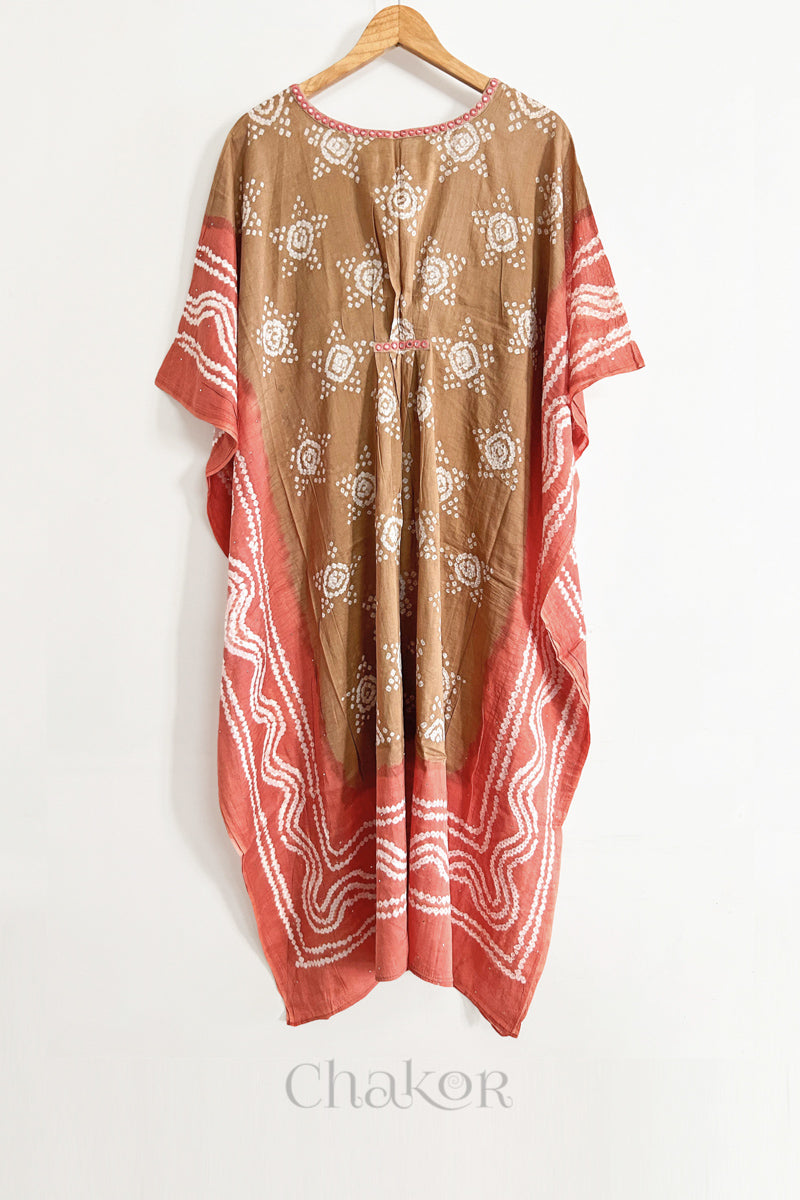 Handcrafted Kutch bandhani women's kaftan hanging full length in mulmul cotton with mirror work, loose fit for summer.
