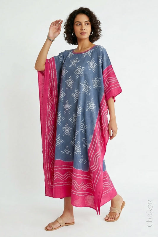 Mulmul cotton bandhani kaftan dress for women with mirror work in bluish grey and pink, relaxed fit for summer.
