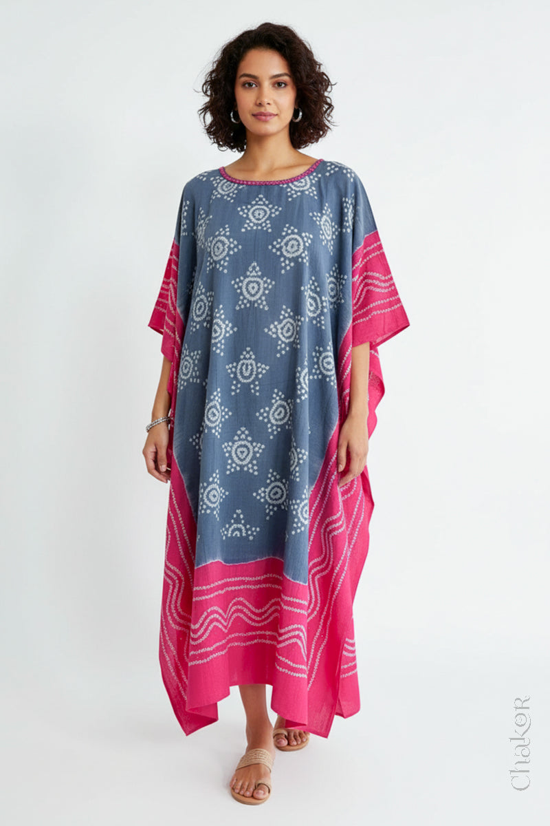 Handcrafted Kutch bandhani kaftan dress in breathable mulmul cotton with mirror & mukaish work.
