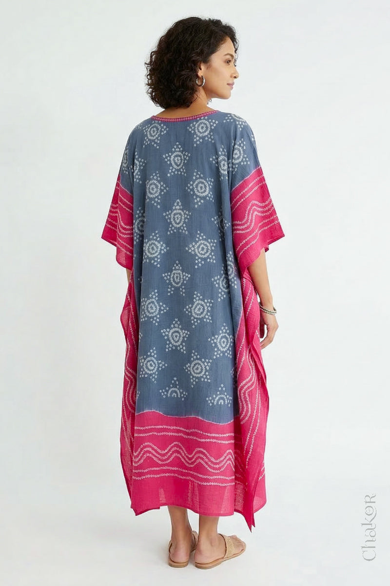 Mulmul cotton bandhani kaftan dress back view with contrast border, loose fit summer wear.
