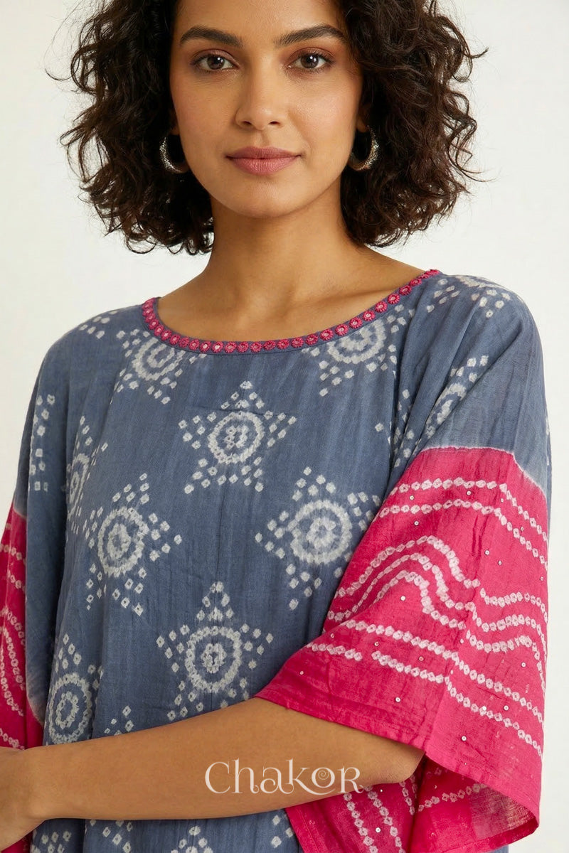 Bandhani kaftan neckline with mirror work detail in bluish grey and pink mulmul cotton for summer.
