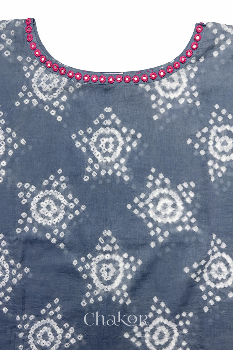 Kutch Bandhani pattern with mirror neckline detail on handcrafted cotton mulmul kaftan dress.
