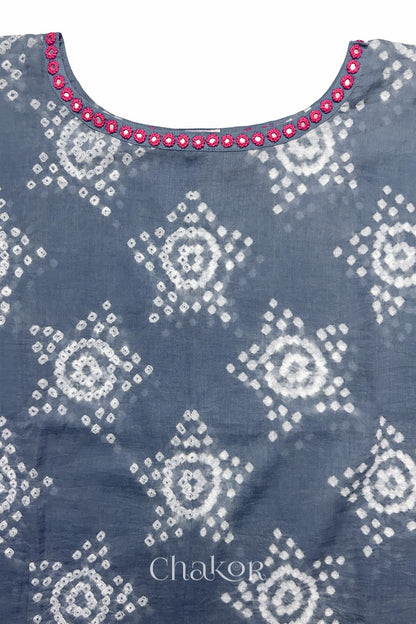 Kutch Bandhani pattern with mirror neckline detail on handcrafted cotton mulmul kaftan dress.
