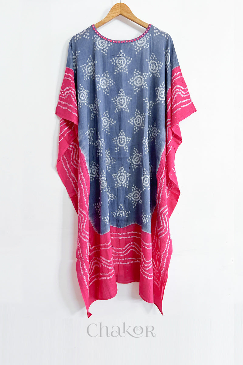Handcrafted Kutch bandhani women's kaftan hanging full length in mulmul cotton with mirror work, loose fit for summer.
