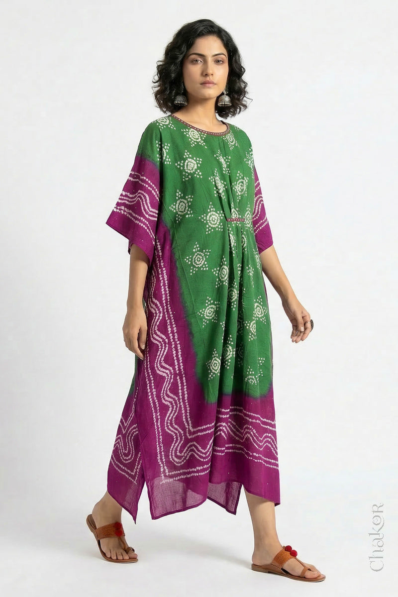 Mulmul cotton bandhani kaftan dress for women with mirror work in green and magenta, relaxed fit for summer.
