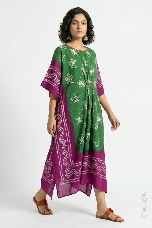 Mulmul cotton bandhani kaftan dress for women with mirror work in green and magenta, relaxed fit for summer.
