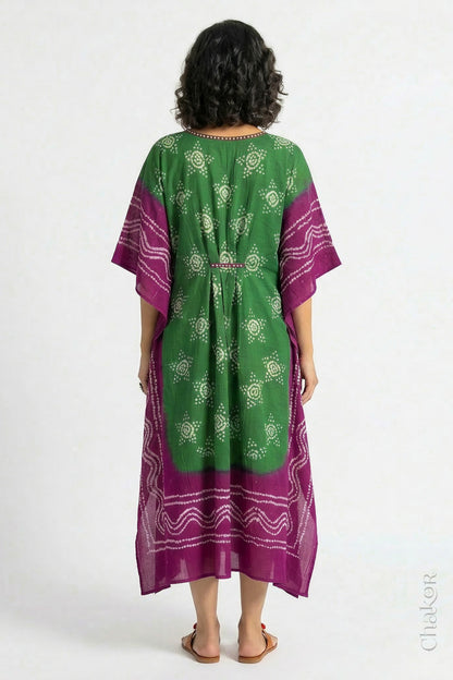 Mulmul cotton bandhani kaftan dress back view with contrast border, loose fit summer wear.
