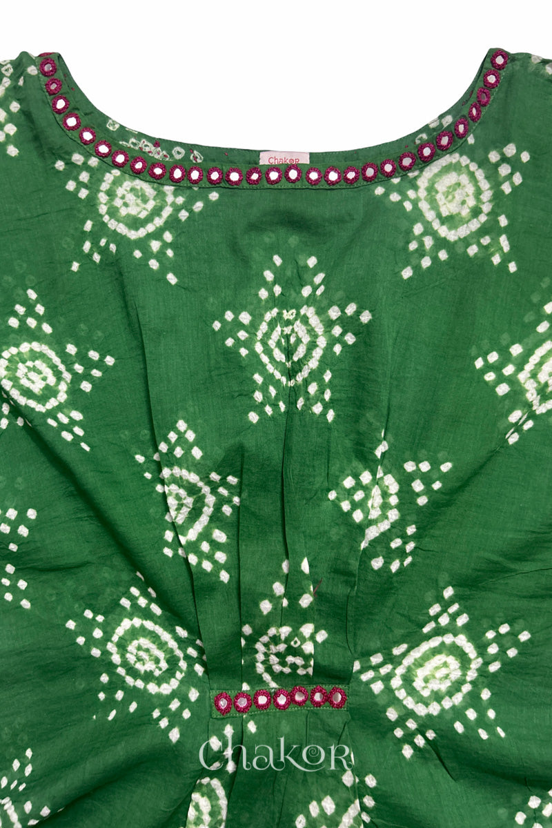 Kutch Bandhani pattern with mirror neckline detail on handcrafted cotton mulmul kaftan dress.
