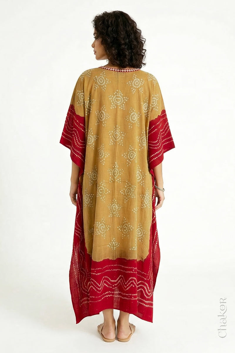 Mulmul cotton bandhani kaftan dress back view with contrast border, loose fit summer wear.

