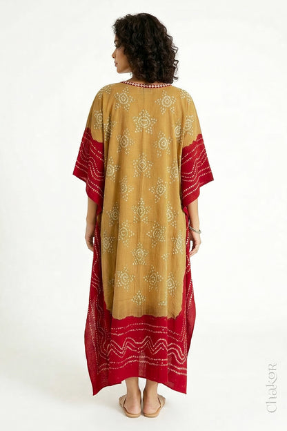 Mulmul cotton bandhani kaftan dress back view with contrast border, loose fit summer wear.

