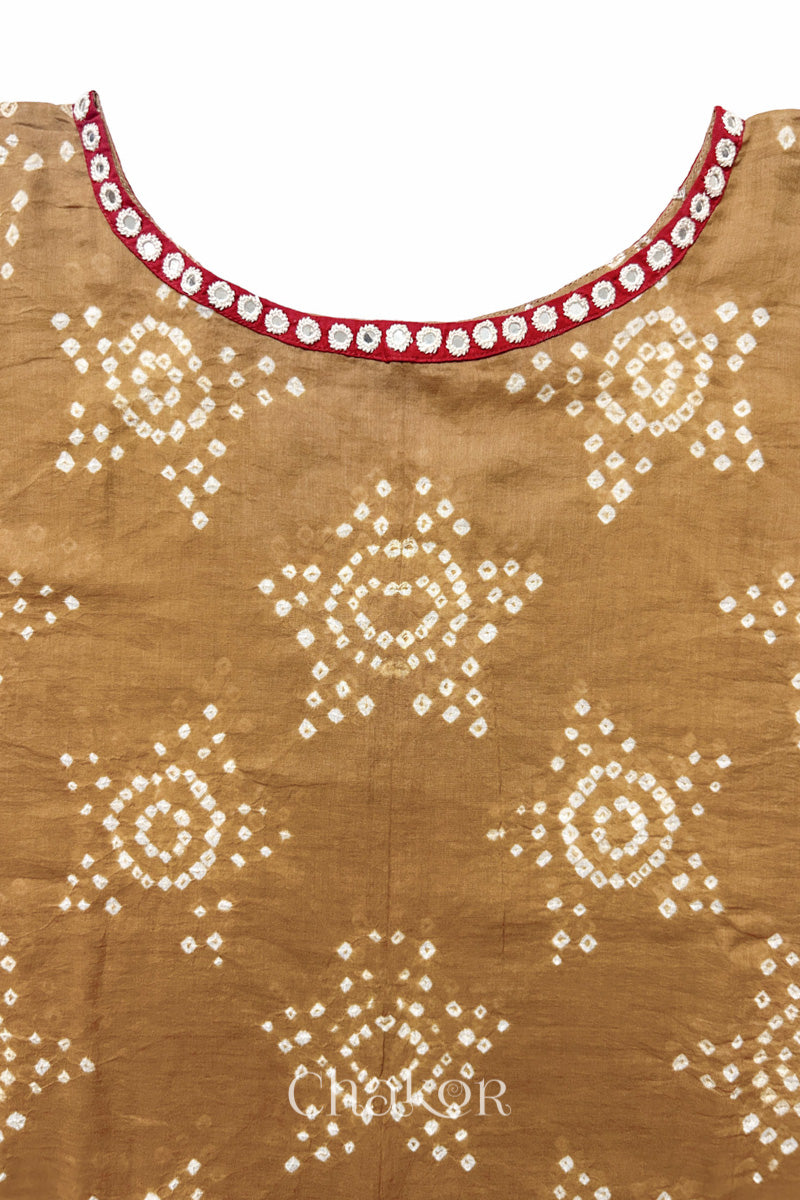 Mulmul cotton bandhani fabric with mukaish embroidery detail in mustard and red.
