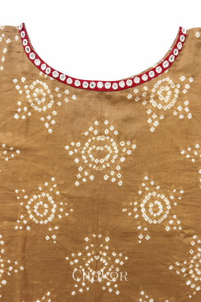 Mulmul cotton bandhani fabric with mukaish embroidery detail in mustard and red.
