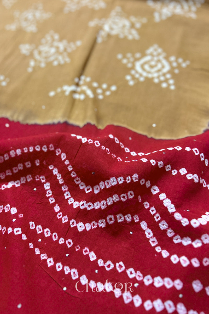Mulmul cotton bandhani fabric with mukaish embroidery detail in mustard and red.
