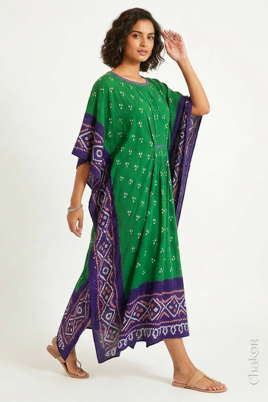 Mulmul cotton bandhani kaftan dress for women with mirror work in green and purple, relaxed fit for summer.
