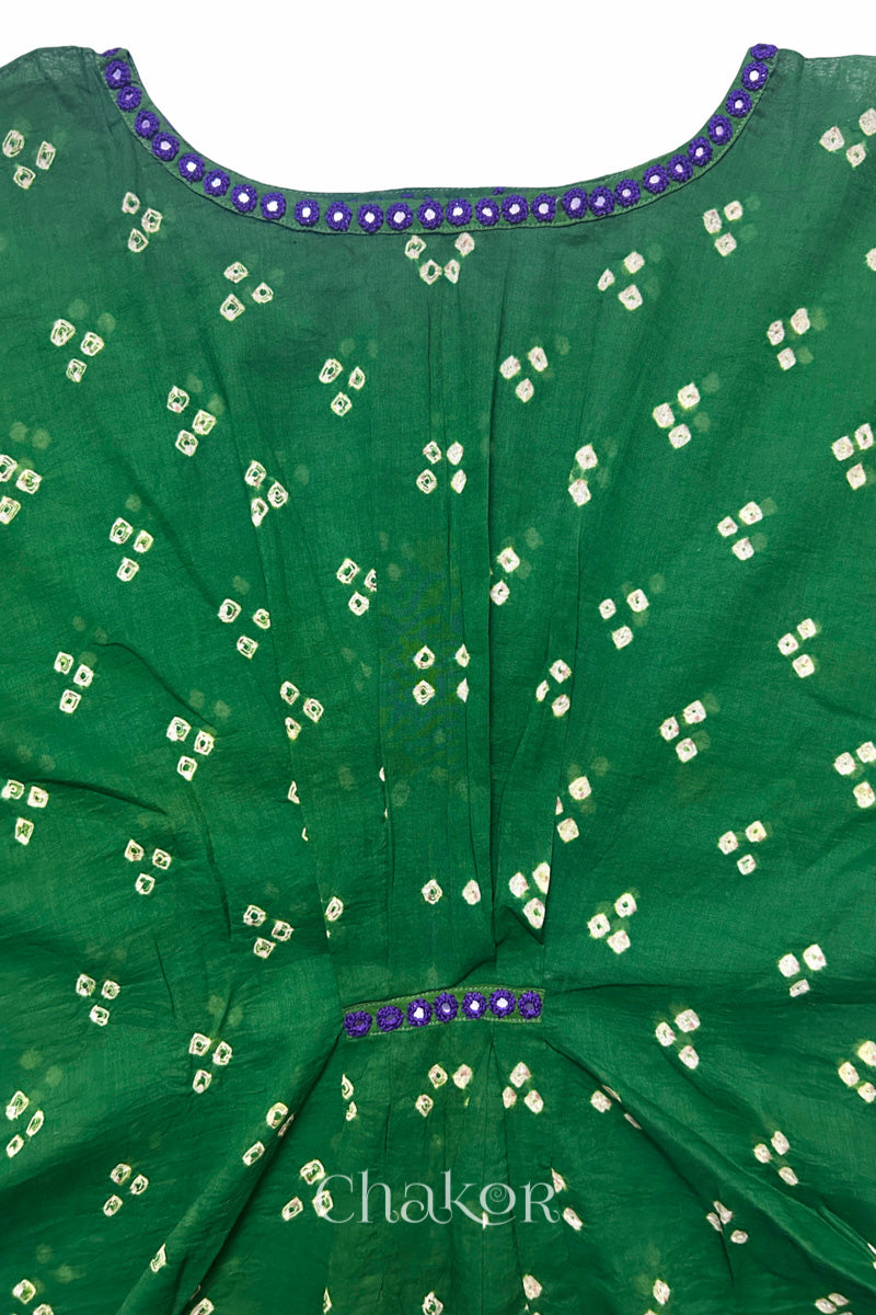 Kutch Bandhani pattern with mirror neckline detail on handcrafted cotton mulmul kaftan dress.
