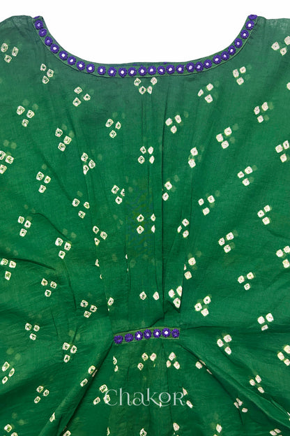 Kutch Bandhani pattern with mirror neckline detail on handcrafted cotton mulmul kaftan dress.

