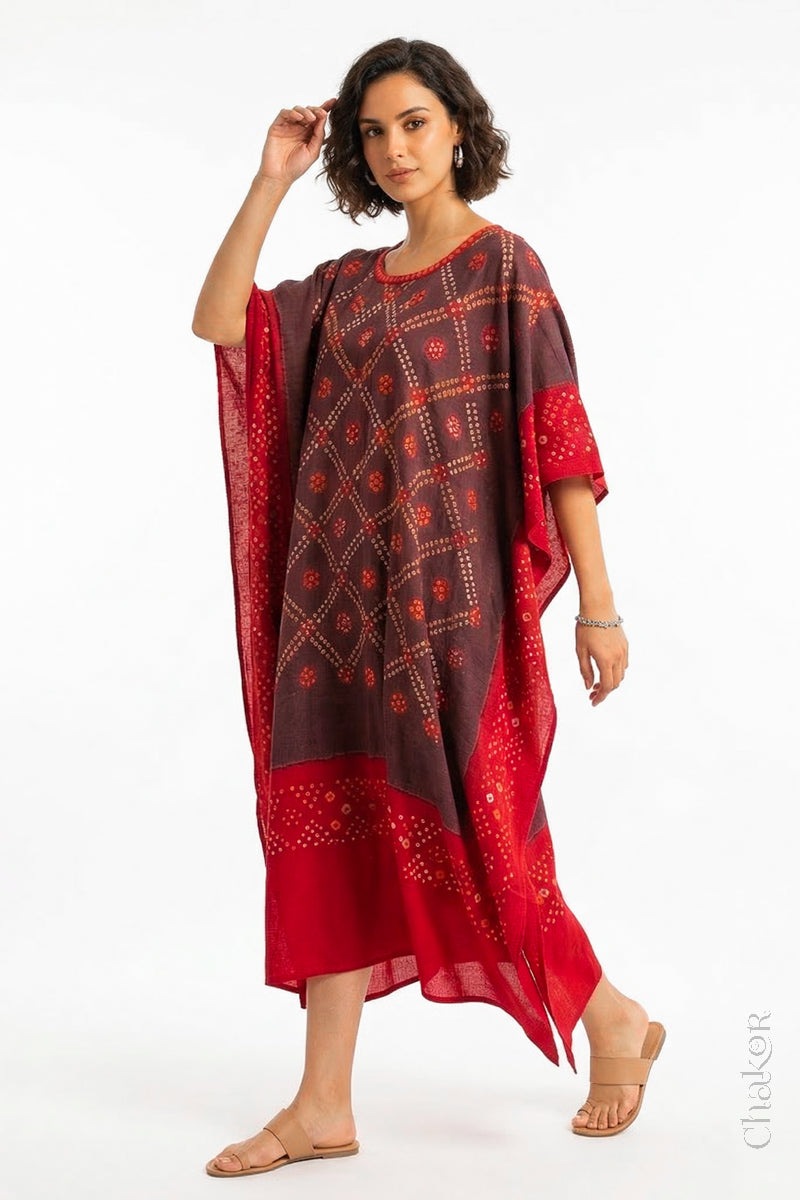 Mulmul cotton bandhani kaftan dress for women with mirror work in brown and red, relaxed fit for summer.
