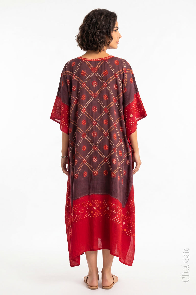 Bandhani kaftan neckline with mirror work detail in brown and red mulmul cotton for summer.
