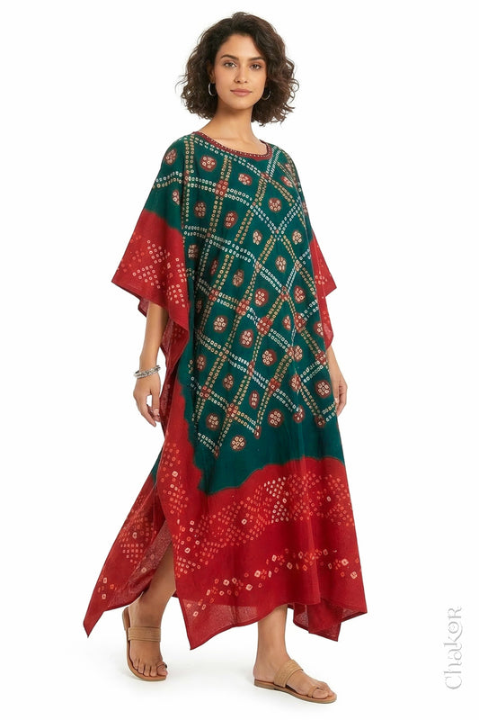 Mulmul cotton bandhani kaftan dress for women with mirror work in green and red, relaxed fit for summer.
