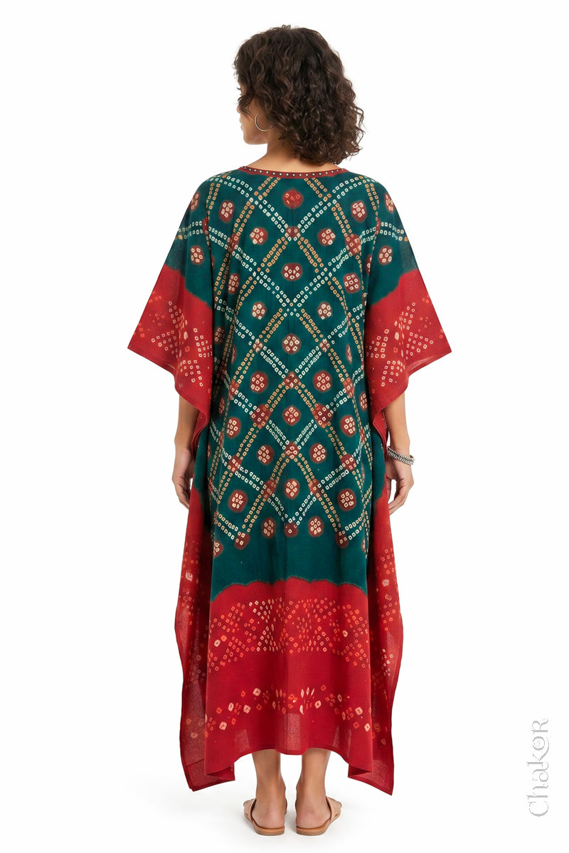 Mulmul cotton bandhani kaftan dress back view with contrast border, loose fit summer wear.
