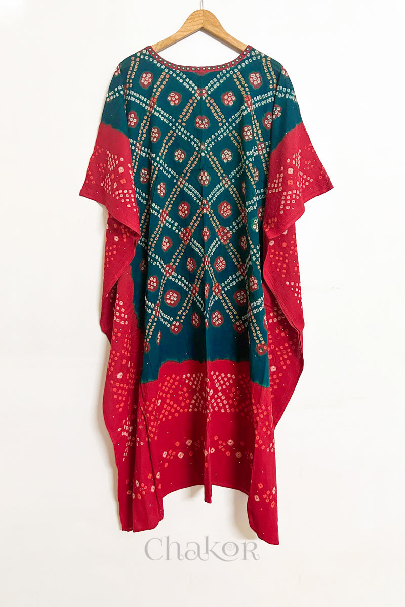 Handcrafted Kutch bandhani women's kaftan hanging full length in mulmul cotton with mirror work, loose fit for summer.
