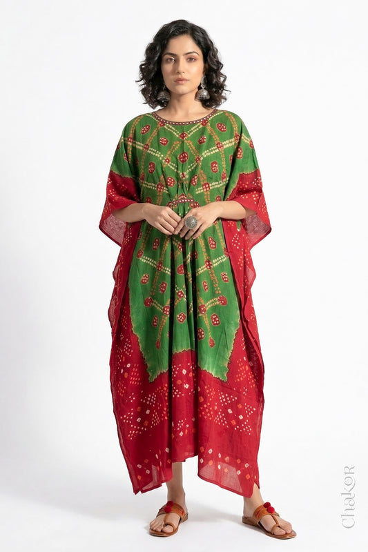Mulmul cotton bandhani kaftan dress for women with mirror work in green and red, relaxed fit for summer.