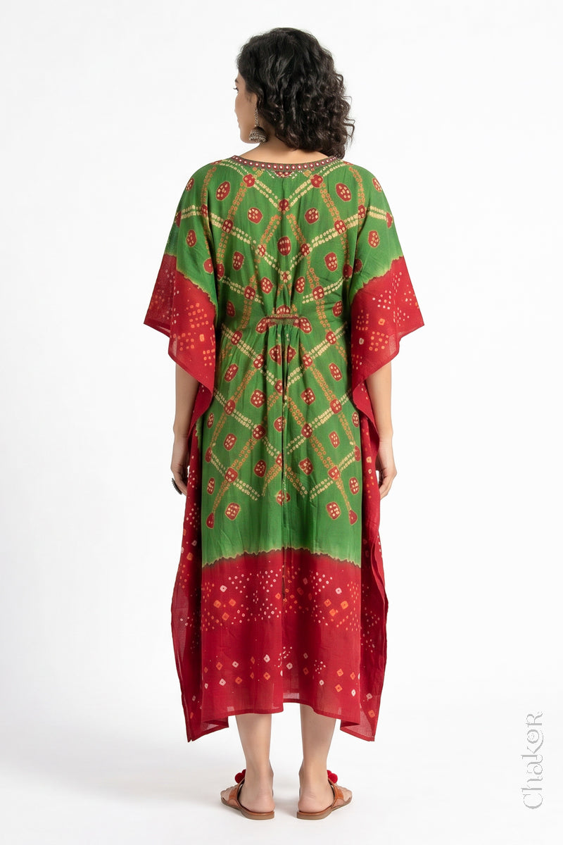 Mulmul cotton bandhani kaftan dress back view with contrast border, loose fit summer wear.