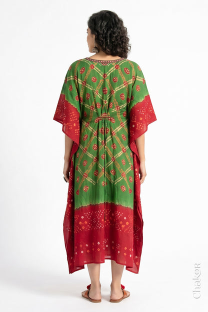 Mulmul cotton bandhani kaftan dress back view with contrast border, loose fit summer wear.