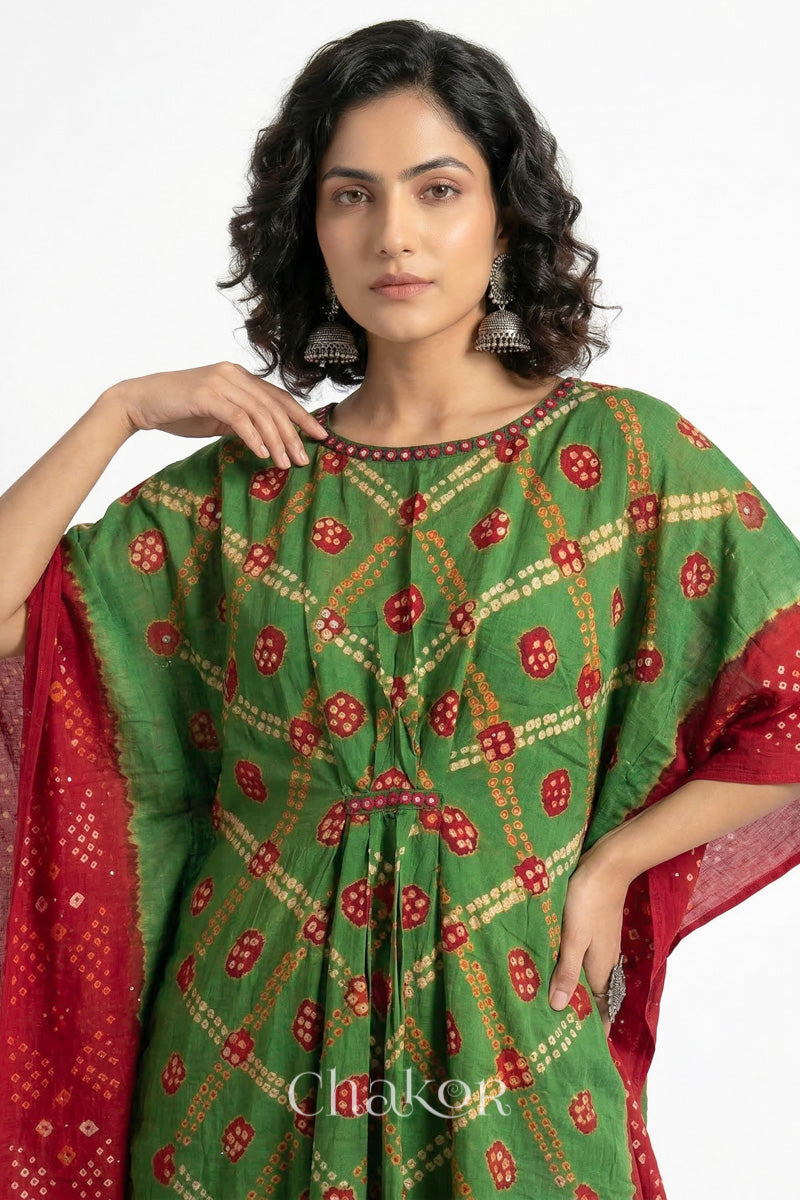 Bandhani kaftan neckline with mirror work detail in green and red mulmul cotton for summer.