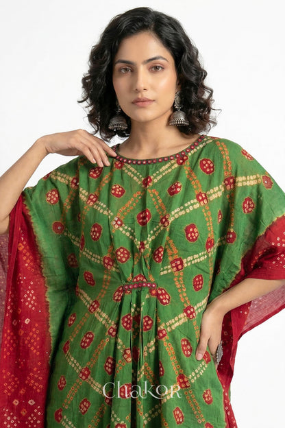 Bandhani kaftan neckline with mirror work detail in green and red mulmul cotton for summer.