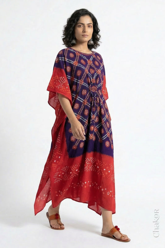 Mulmul cotton bandhani kaftan dress for women with mirror work in purple and red, relaxed fit for summer.
