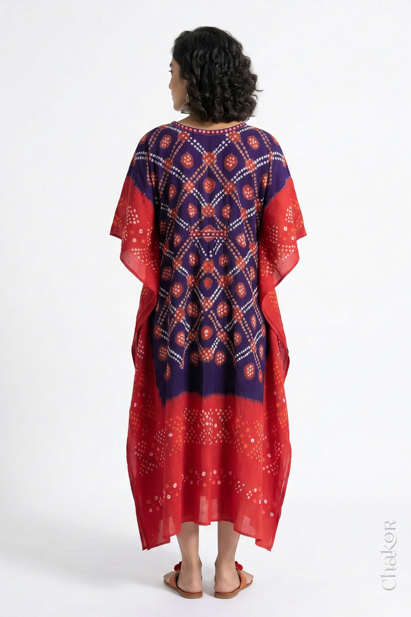 Mulmul cotton bandhani kaftan dress back view with contrast border, loose fit summer wear.
