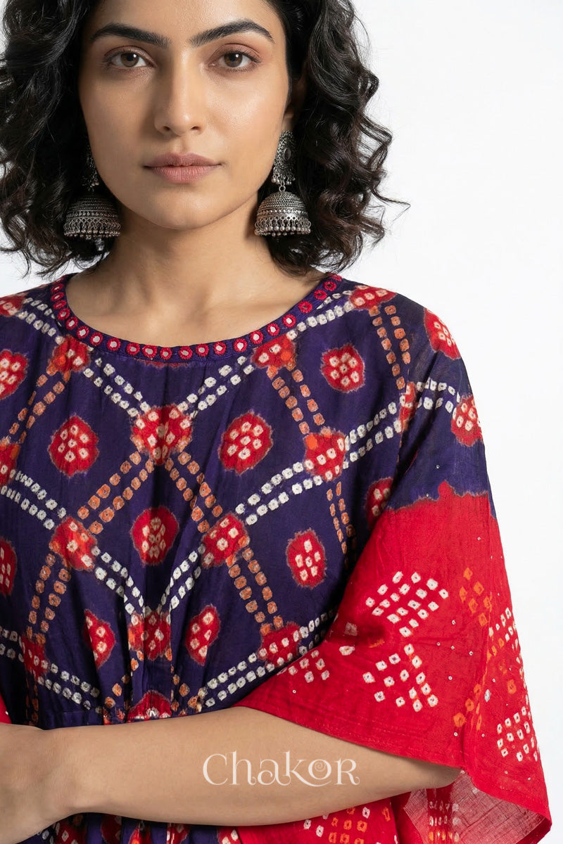 Bandhani kaftan neckline with mirror work detail in purple and red mulmul cotton for summer.
