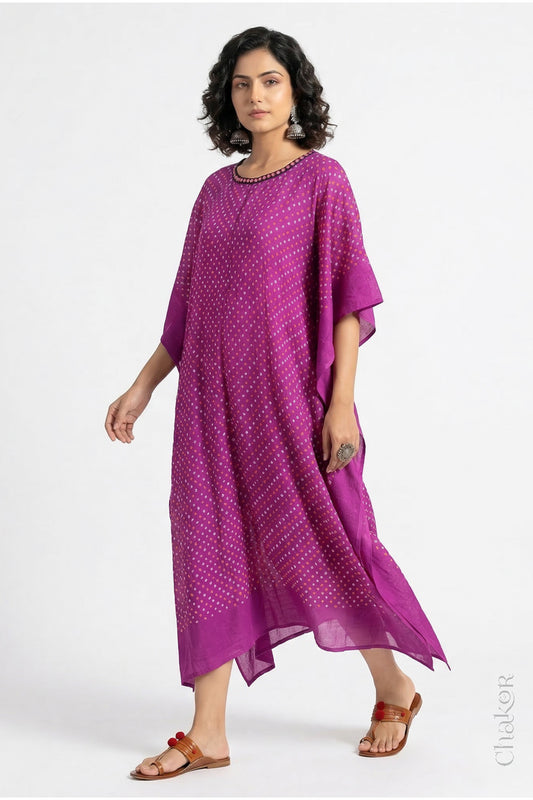 Mulmul cotton bandhani kaftan dress for women with mirror work in magenta purple, relaxed fit for summer.