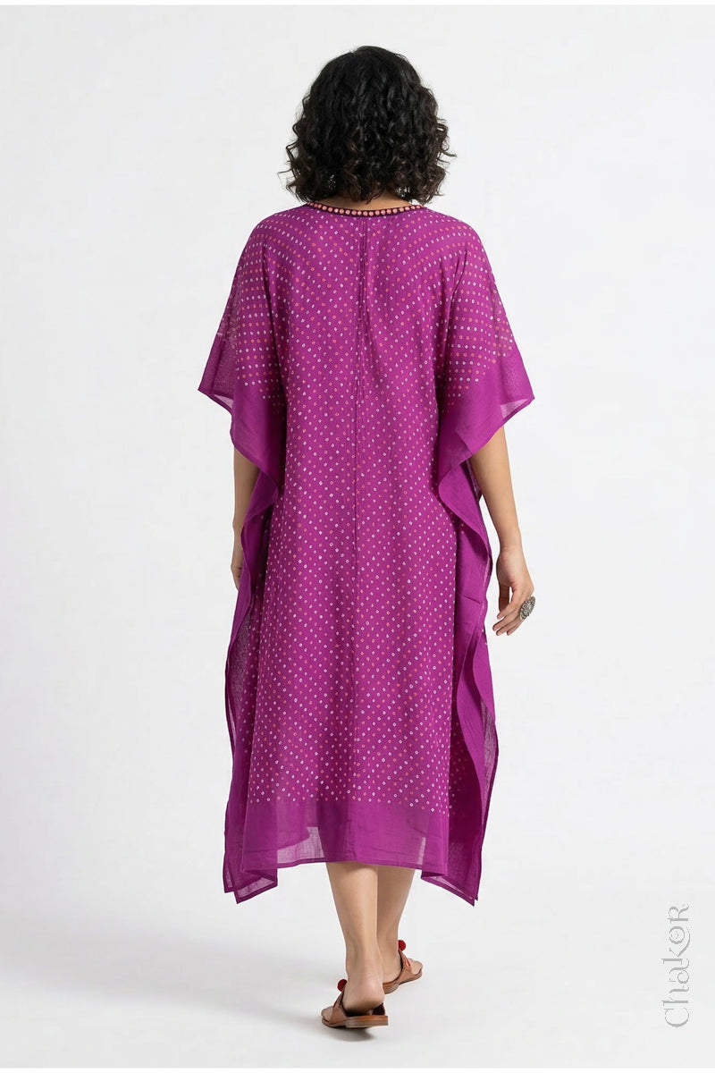 Mulmul cotton bandhani kaftan dress back view with mukiahs embroidery, loose fit summer wear.
