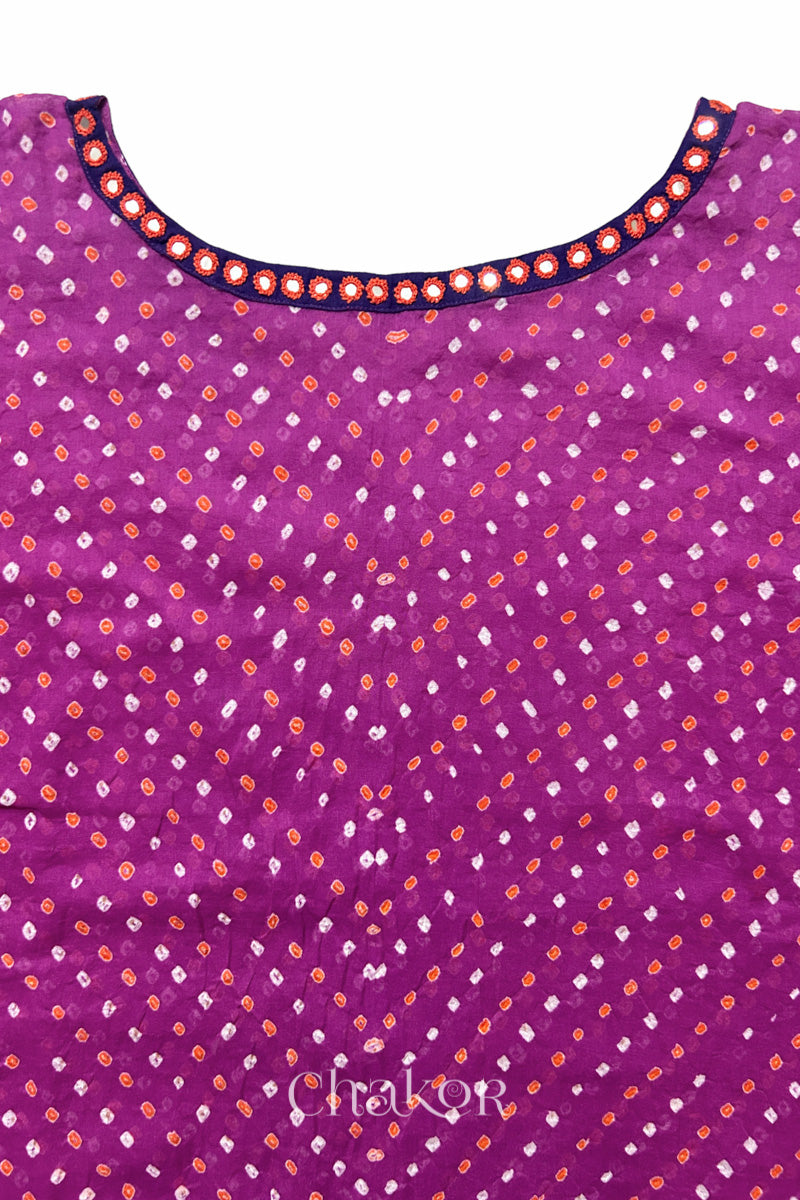 Kutch Bandhani pattern with mirror neckline detail on handcrafted cotton mulmul kaftan dress.
