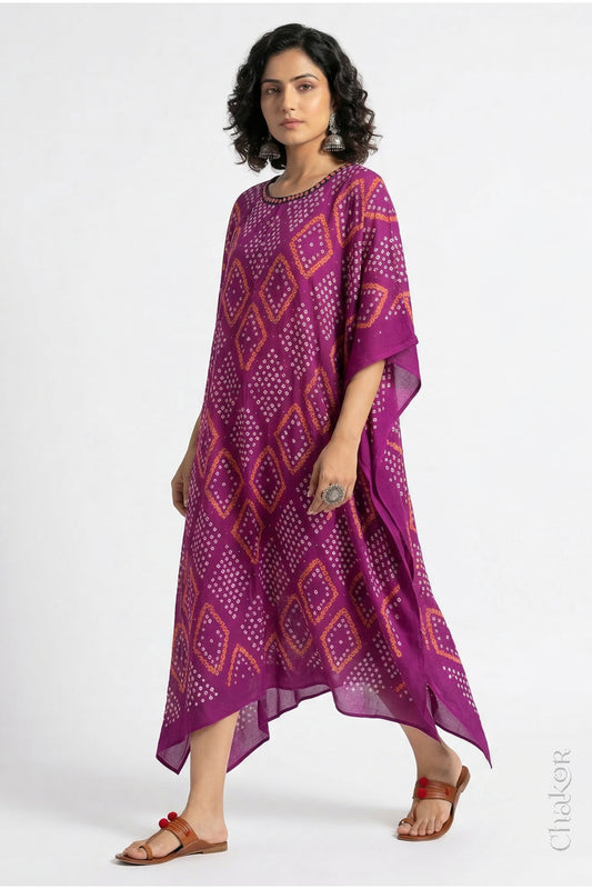 Mulmul cotton bandhani kaftan dress for women with mirror work in magenta purple, relaxed fit for summer.
