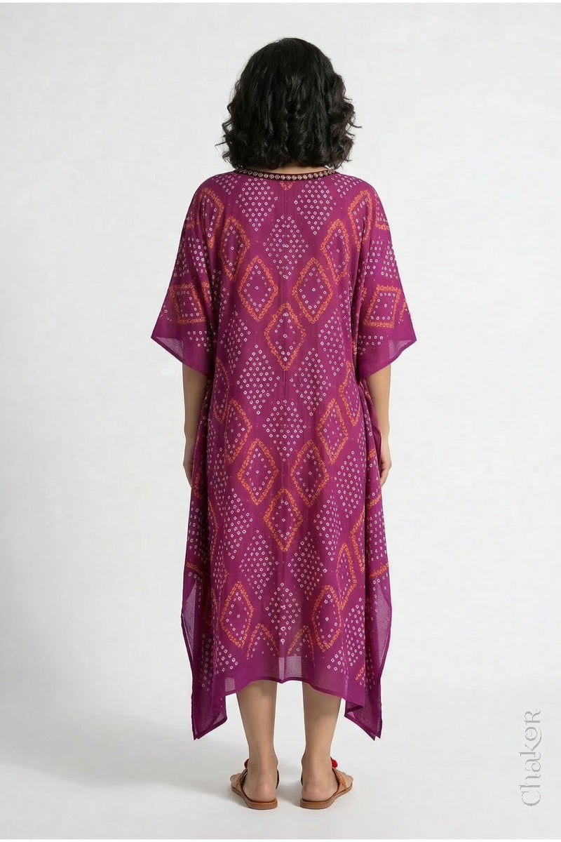 Mulmul cotton bandhani kaftan dress back view with mukiahs embroidery, loose fit summer wear.
