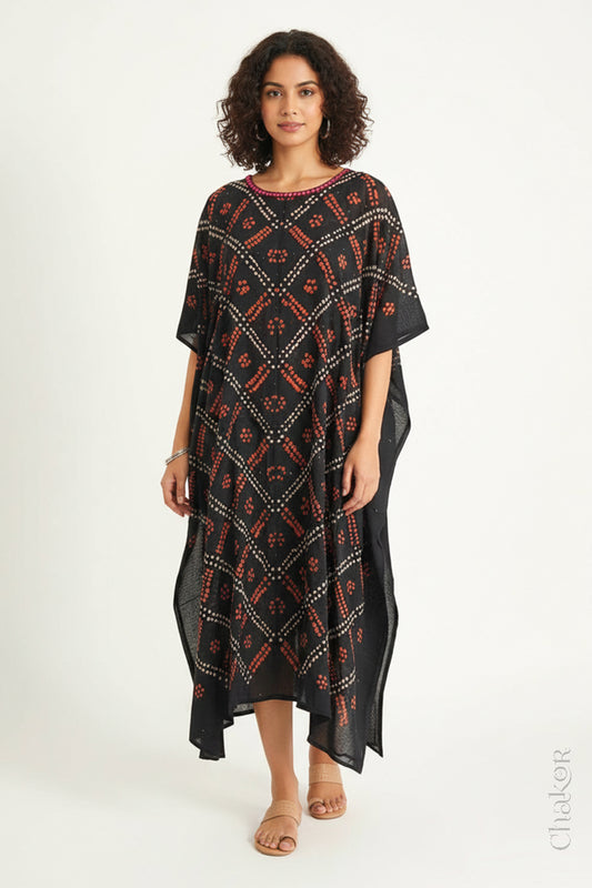 Mulmul cotton bandhani kaftan dress for women with mirror work in black, relaxed fit for summer.
