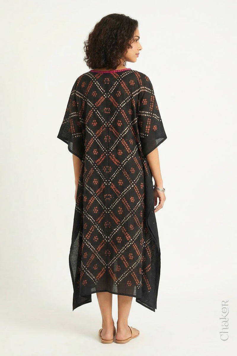 Mulmul cotton bandhani kaftan dress back view with mukiahs embroidery, loose fit summer wear.
