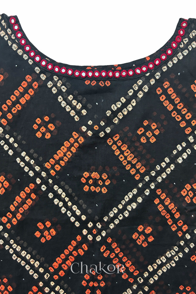 Kutch Bandhani pattern with mirror neckline detail on handcrafted cotton mulmul kaftan dress.
